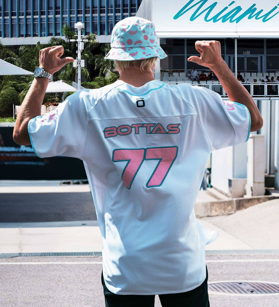 Stake F1 Kick Sauber Men's Special Edition Miami GP Flamingo White Baseball Jersey - Bottas/Zhou T-shirts Stake F1 Kick Sauber 