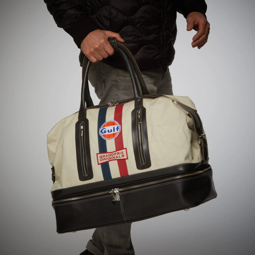 GrandPrix Originals Gulf Leather/Canvas Track Sport Dual-Compartment Duffel Bag - Sand Bags GrandPrix Originals USA 
