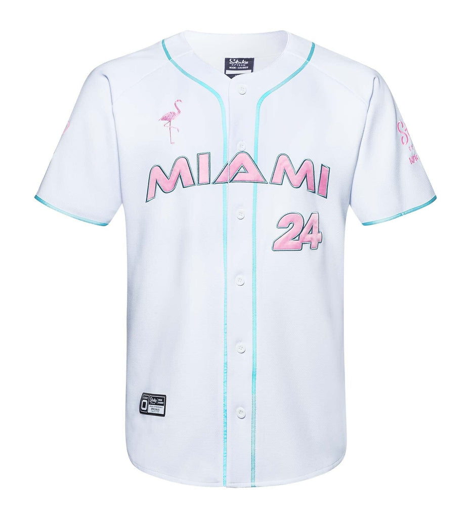 Stake F1 Kick Sauber Men's Special Edition Miami GP Flamingo White Baseball Jersey - Bottas/Zhou T-shirts Stake F1 Kick Sauber 
