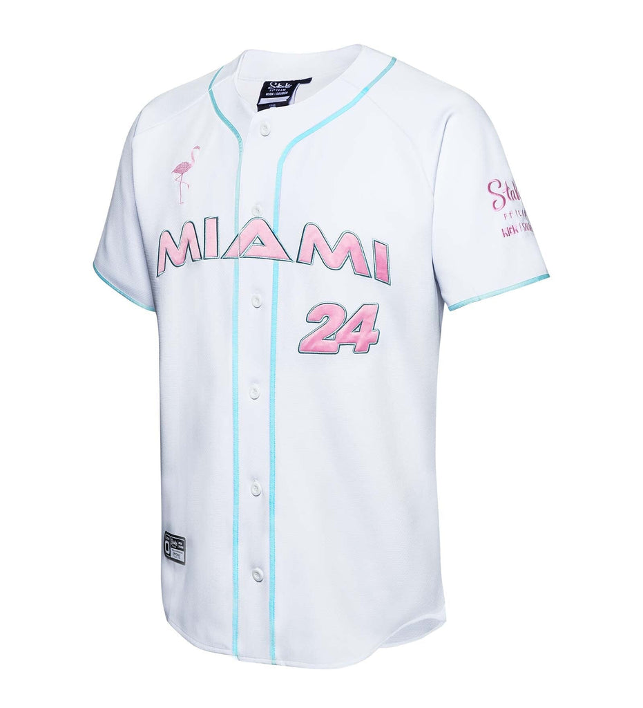 Stake F1 Kick Sauber Men's Special Edition Miami GP Flamingo White Baseball Jersey - Bottas/Zhou T-shirts Stake F1 Kick Sauber 