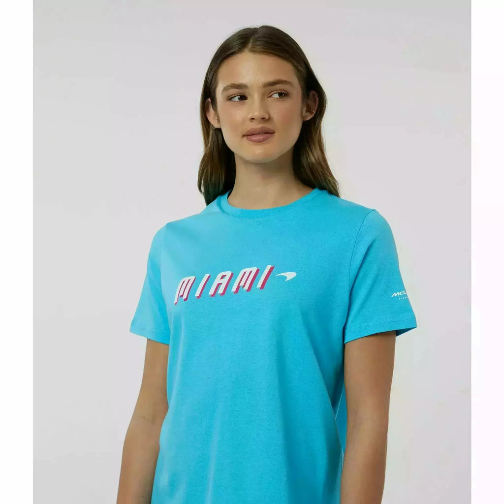 McLaren F1 Women's Miami Neon Graphic T-Shirt-White/Vice Blue/Beetroot Purple/Crystal Rose T-shirts Light Sea Green