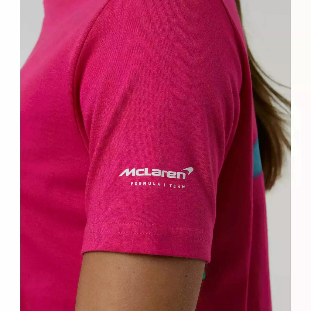 McLaren F1 Women's Miami Neon Graphic T-Shirt-White/Vice Blue/Beetroot Purple/Crystal Rose T-shirts Maroon