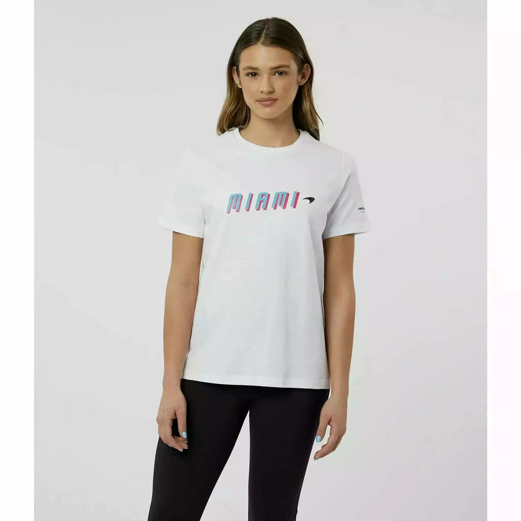 McLaren F1 Women's Miami Neon Graphic T-Shirt-White/Vice Blue/Beetroot Purple/Crystal Rose T-shirts Light Gray
