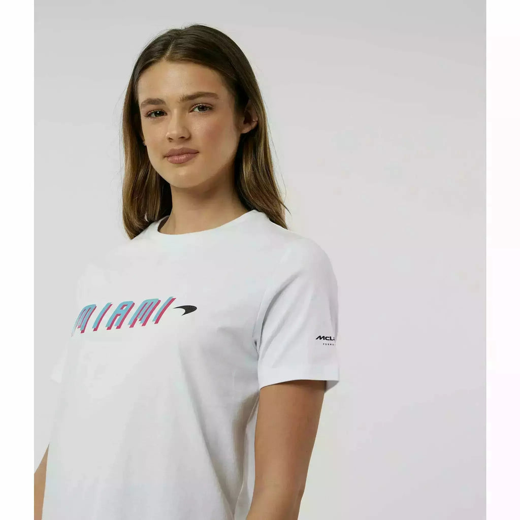 McLaren F1 Women's Miami Neon Graphic T-Shirt-White/Vice Blue/Beetroot Purple/Crystal Rose T-shirts Light Gray